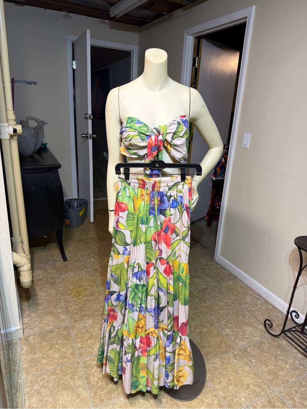 AKIRA Multicolor Floral Strapless pants set with Green & Red Accents